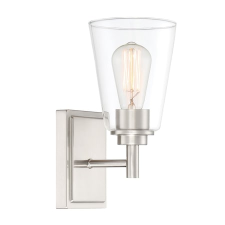 Designers Fountain Westin 5.25in 1-Light Satin Platinum Modern Industrial Indoor Wall Sconce with Clear Glass Shade 95701-SP